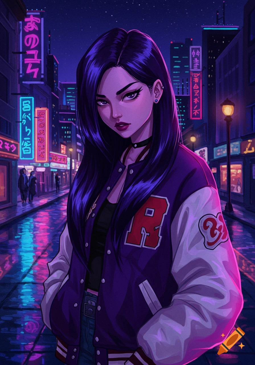 A cool anime-style girl with long dark hair, wearing a purple and white varsity jacket, stands on a neon-lit city street at night.