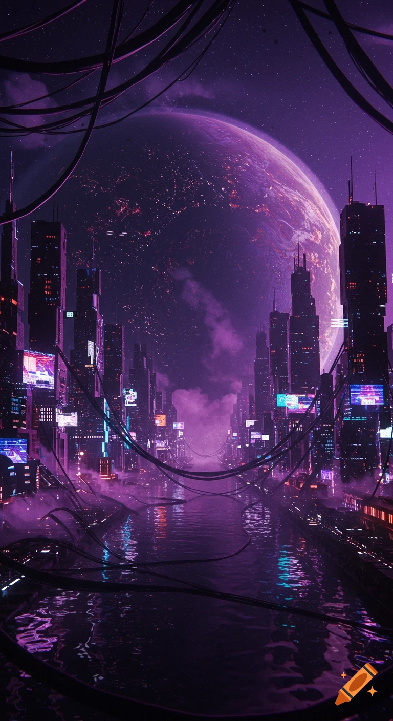 A dark, surreal cyberpunk city at night with neon lights and a large purple planet in the starry sky.