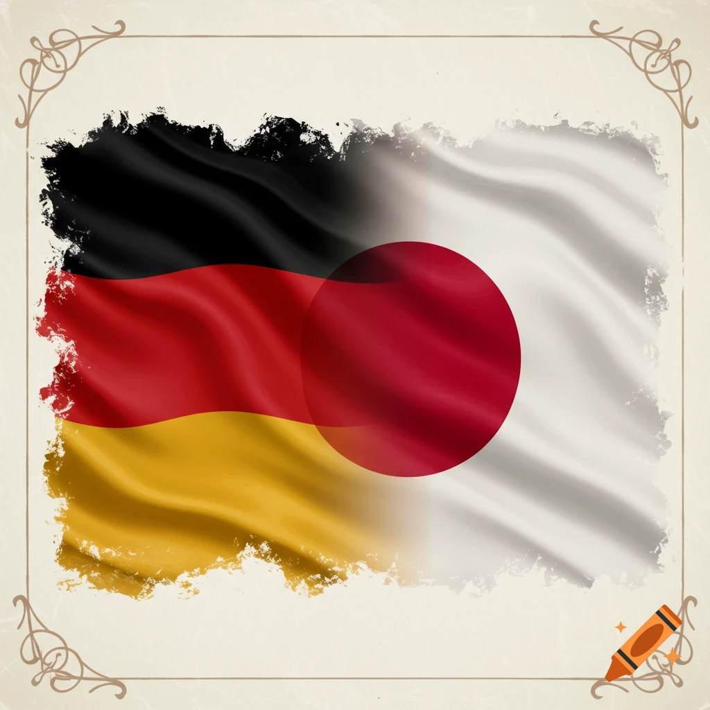 A stylized image showing the German and Japanese flags merged, with brush-stroke edges, on an antique parchment background.