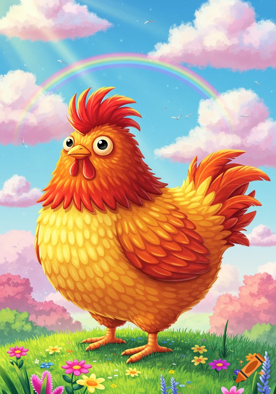 A brightly colored cartoon chicken with big eyes stands in a vibrant green field with flowers under a blue sky with pink clouds and a rainbow.