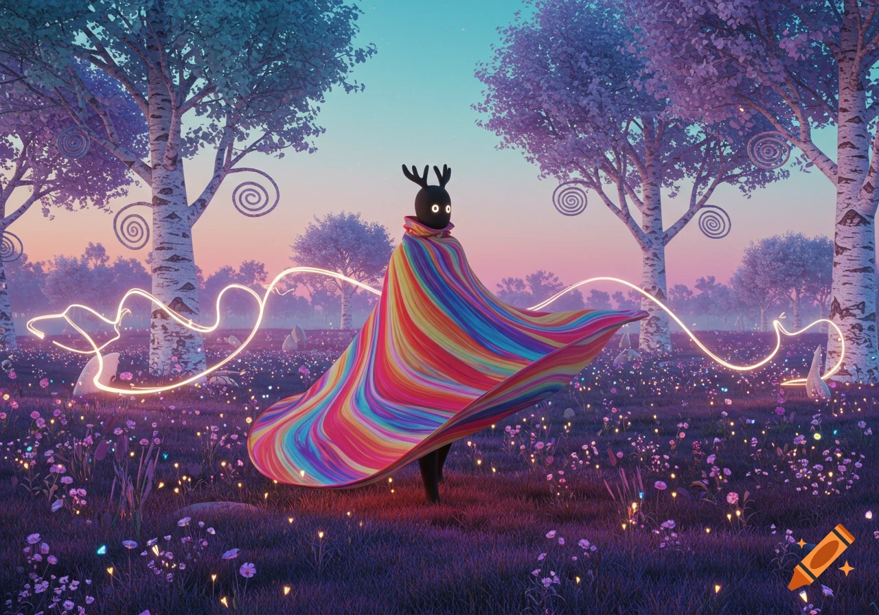 A whimsical horned figure in a flowing rainbow cloak stands in a magical twilight forest with glowing flowers and light trails, digital art.
