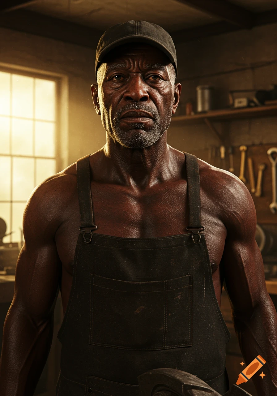 A photorealistic portrait of a muscular, bearded Black man with a cap and apron, in a dimly lit workshop.