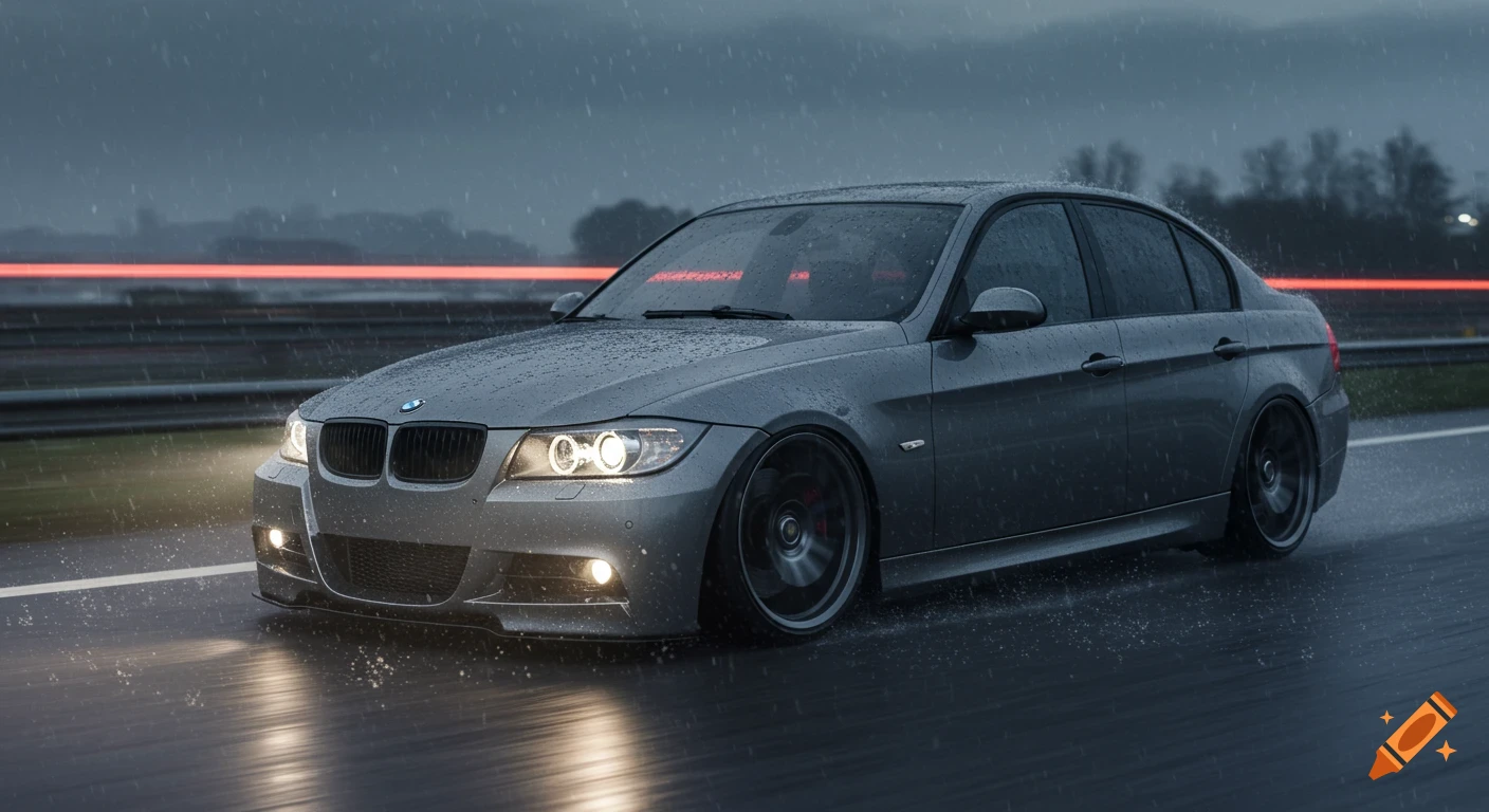 A photorealistic grey BMW E90 sedan with lights on drives on a wet highway in the rain.