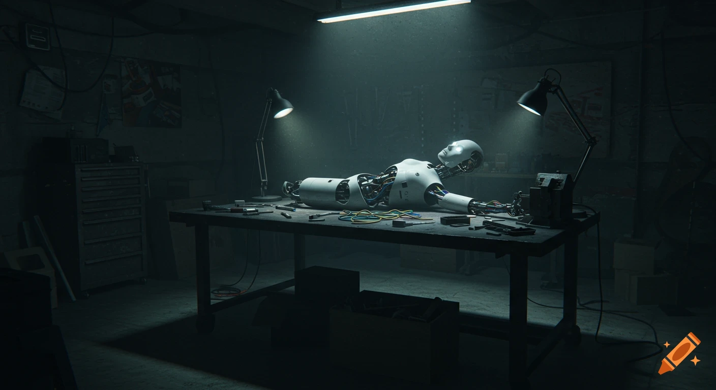 A half-finished humanoid robot with exposed wires and glowing eyes lies on a workbench in a dark, dramatically lit garage.