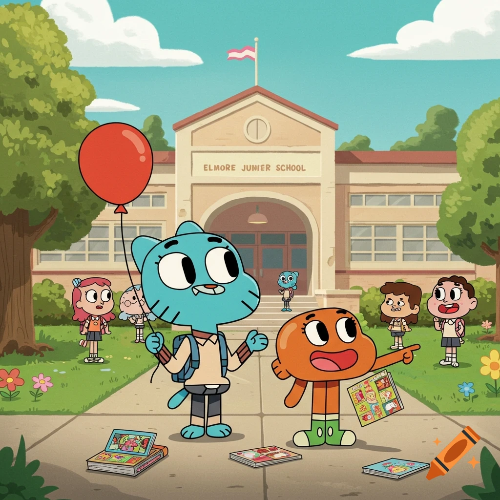 Cartoon characters Gumball and Darwin with backpacks outside Elmore Junior School, holding a balloon and books, surrounded by other children.