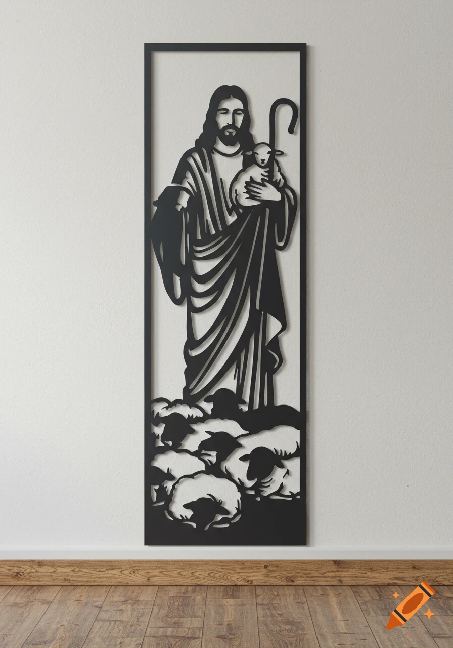 Vertical black metal wall art of Jesus as the Good Shepherd, holding a lamb, with other sheep at his feet in silhouette.