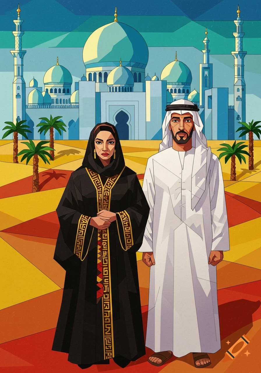 Cubist illustration of an Emirati couple in traditional attire standing before a mosque and desert landscape.