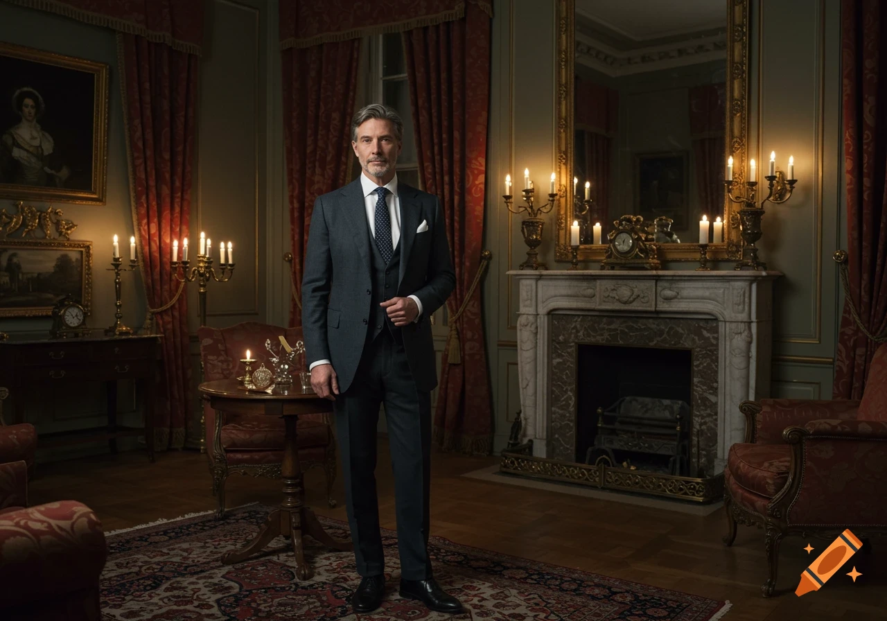 A man in a dark suit stands confidently in a lavish, dimly lit room with a fireplace and ornate decor.