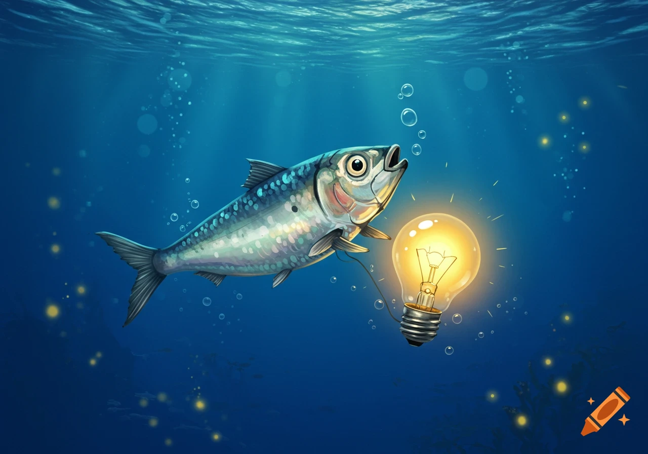 A vibrant illustration of a silver fish looking at a glowing lightbulb underwater with bubbles.