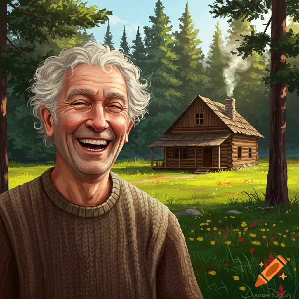 A painting of a happy, laughing old man with white hair in a brown sweater, in a sunny meadow with a log cabin and pine trees.