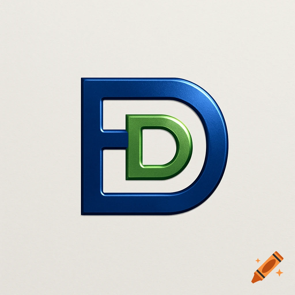 A blue letter E merged with a smaller green letter D, forming a modern 3D logo with a metallic texture.