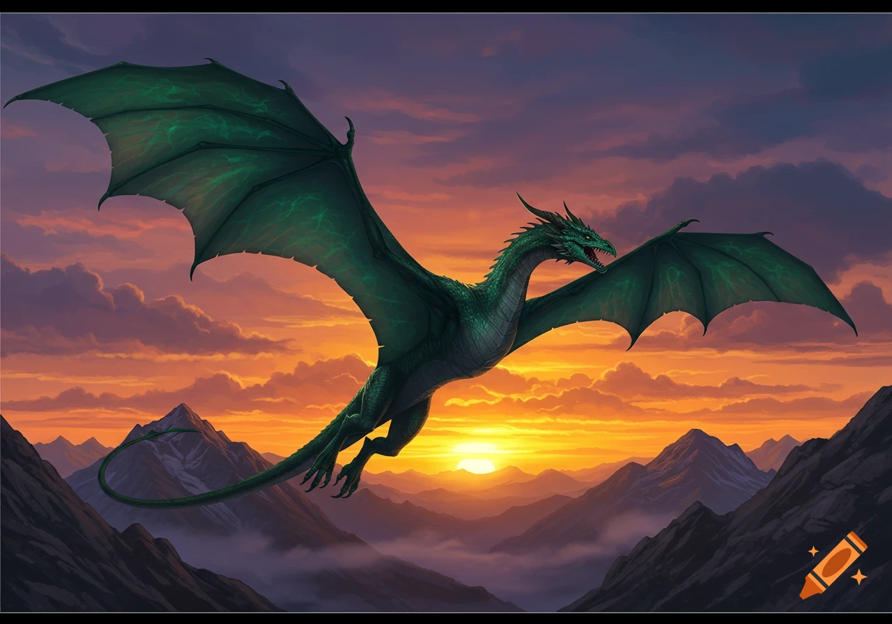 A majestic green dragon soars through a vibrant orange and purple sunset sky over misty mountain peaks.