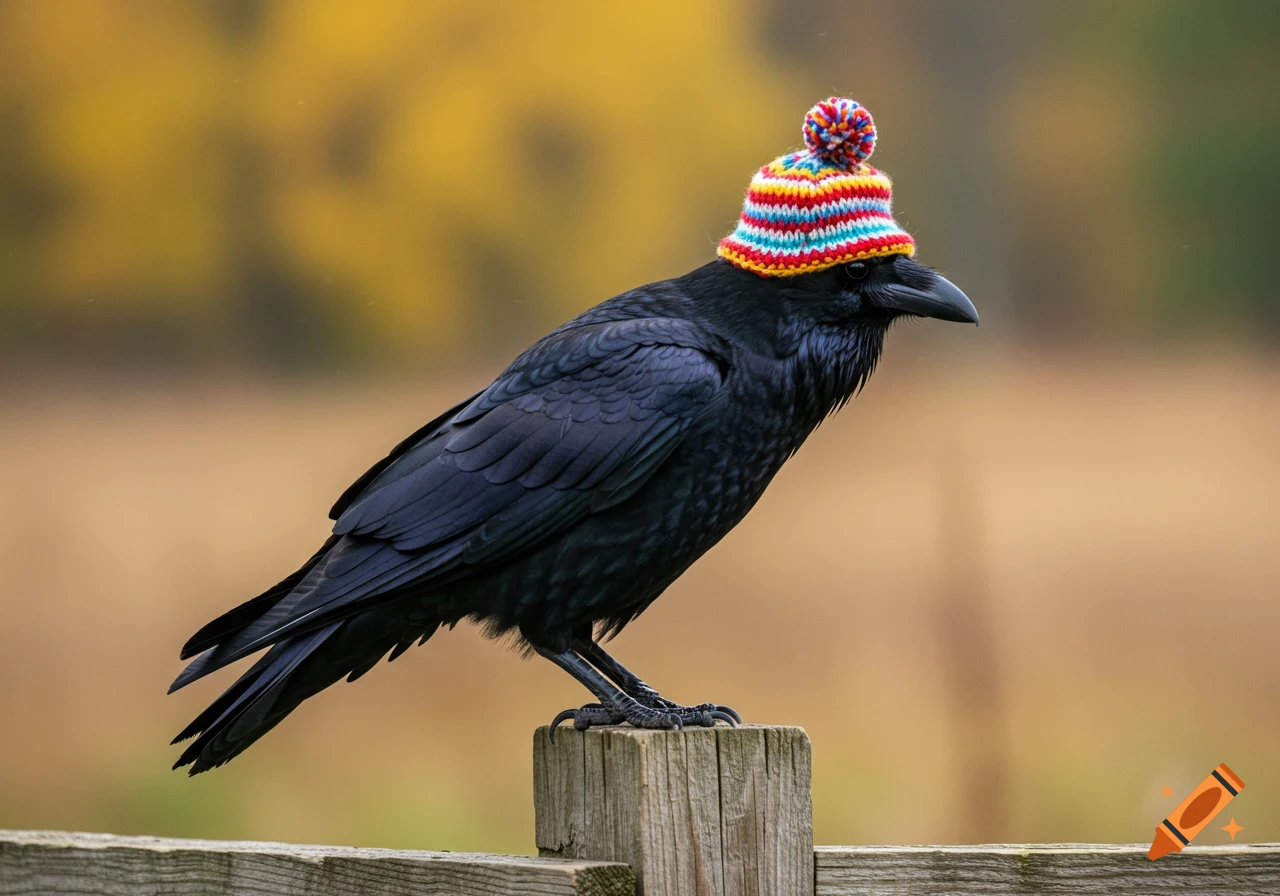 A black raven perches on a wooden post, wearing a vibrant, striped knitted beanie with a pom-pom, against a blurred autumnal background.