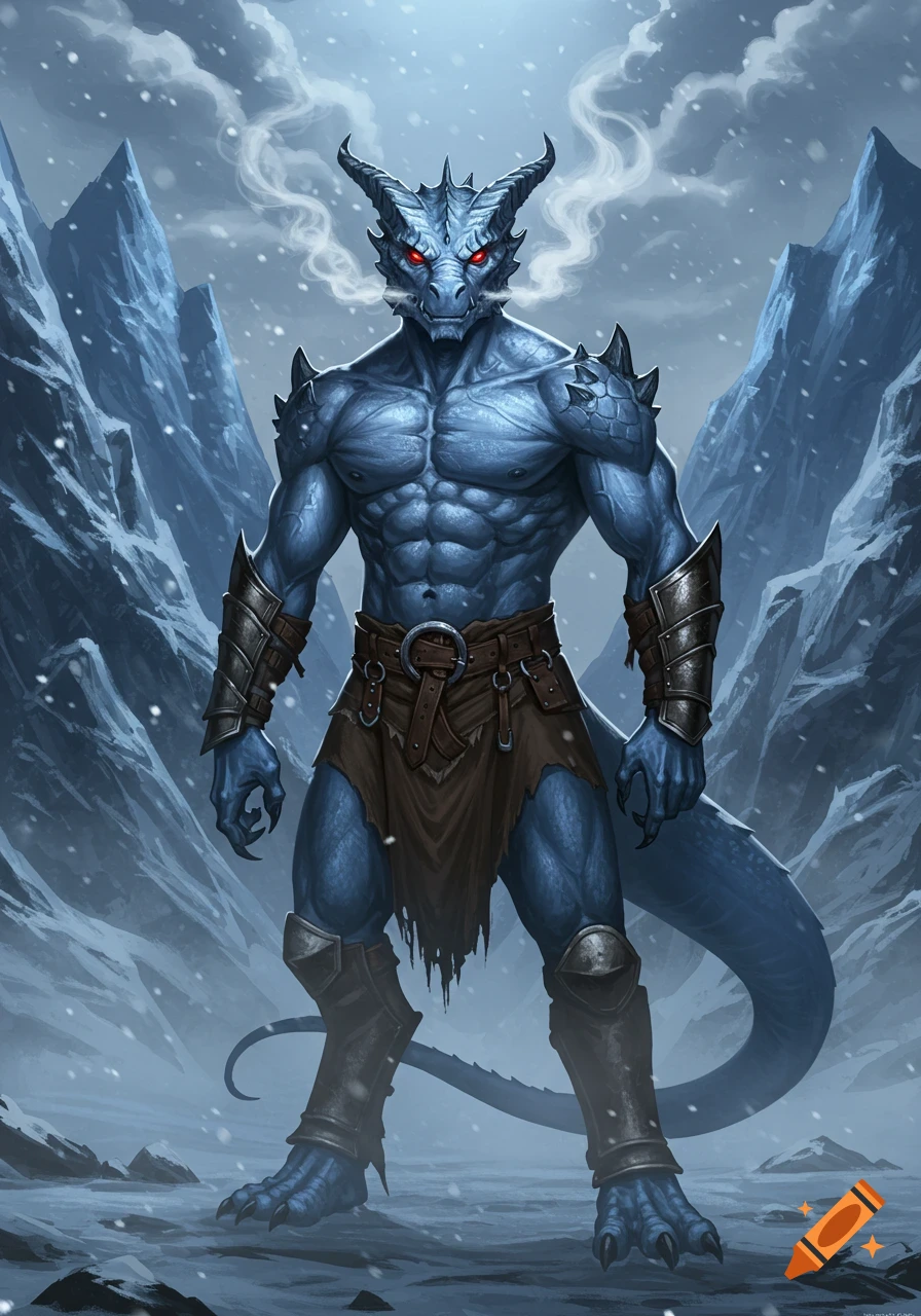 A muscular, blue-skinned dragonborn with red eyes stands in a snowy mountain landscape, exhaling mist.