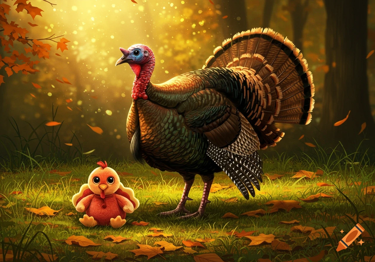 A large, realistic turkey stands beside a small, plush toy chicken on an autumn forest floor, bathed in warm golden light.