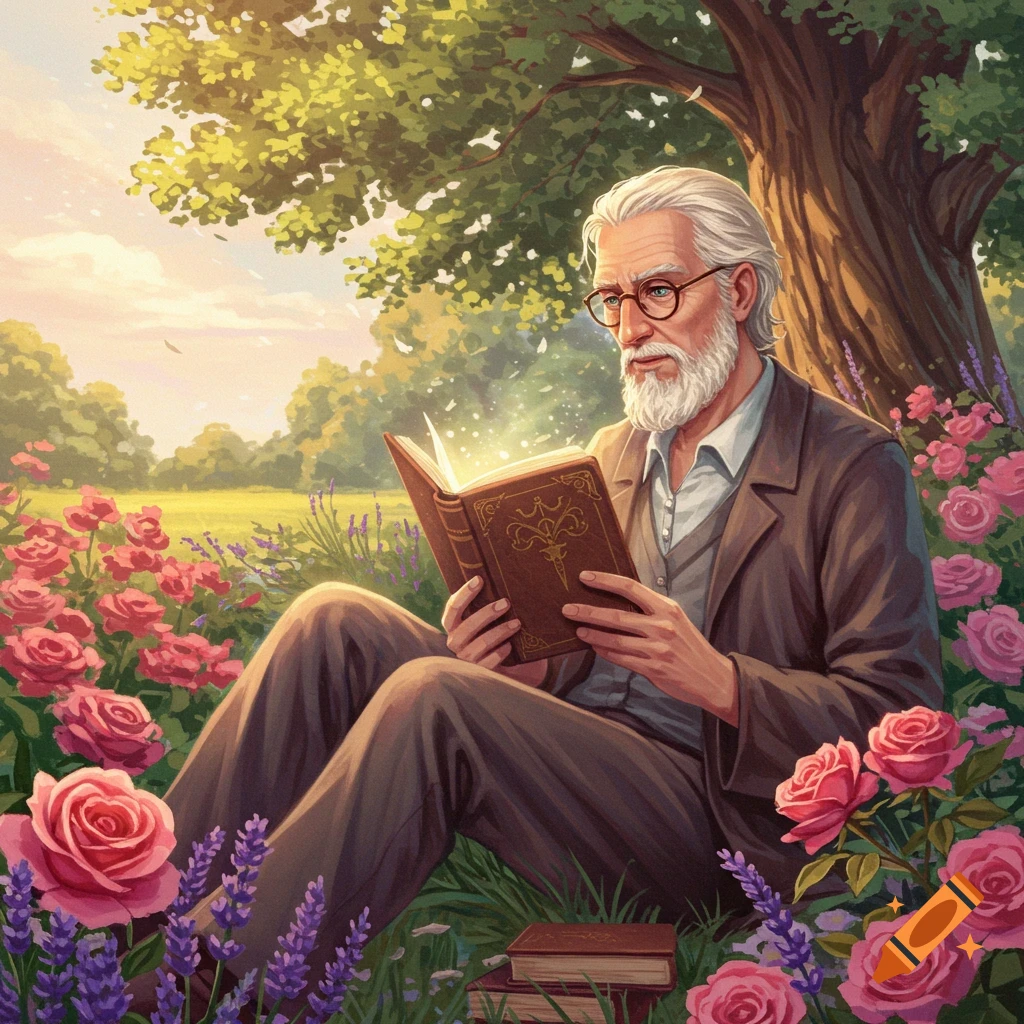 A white-bearded man in a brown suit reads a glowing book under a tree in a magical garden with pink roses and lavender.