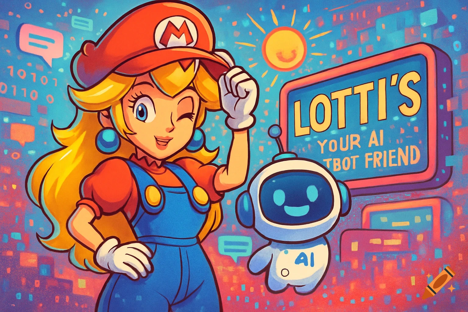 Princess Peach, dressed as Mario, winks next to a sign for "Lotti's Your AI TBOT Friend" and a small robot, in a vibrant digital art style.