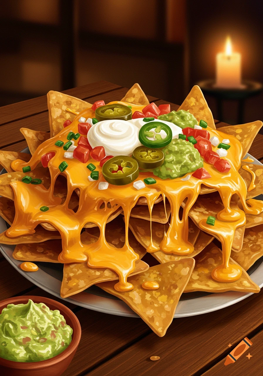 Vibrant nachos covered in melted cheese, guacamole, sour cream, tomatoes, and jalapeños, on a wooden table with a lit candle.