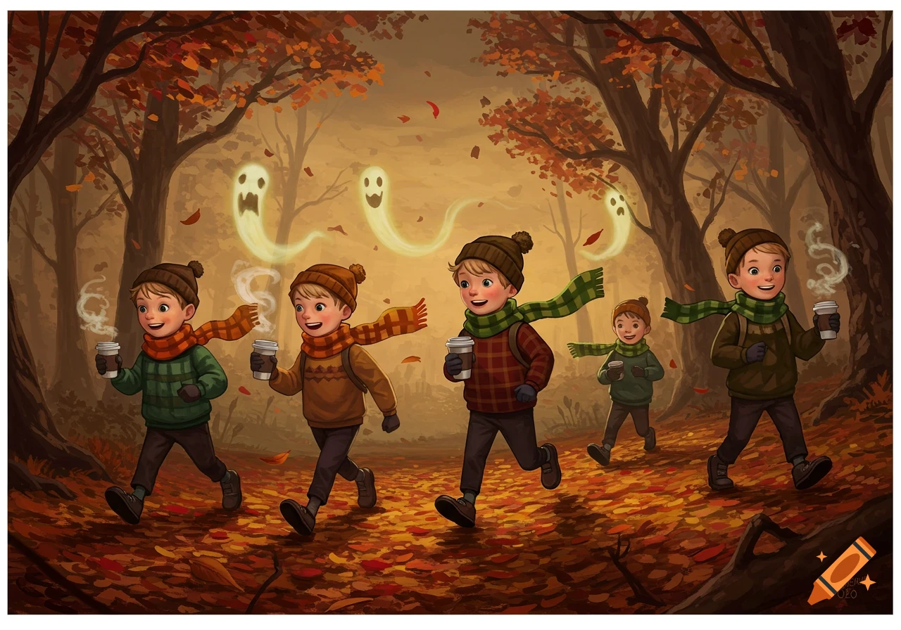 Whimsical illustration of five boys in beanies and scarves running through an autumn forest with cartoon ghosts, holding coffee cups.
