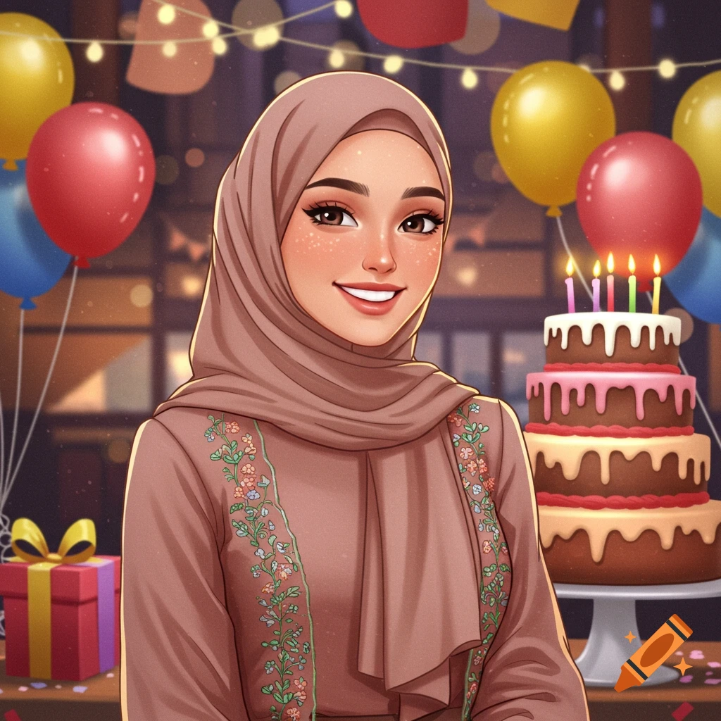 A cheerful young woman in a hijab smiles at a festive birthday party with balloons, a cake, and gifts in an illustrated style.