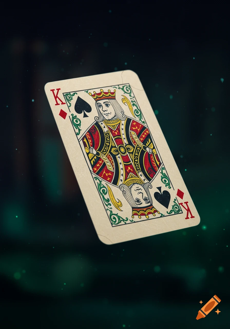A king of spades playing card with a vintage texture floats against a dark, sparkling background.
