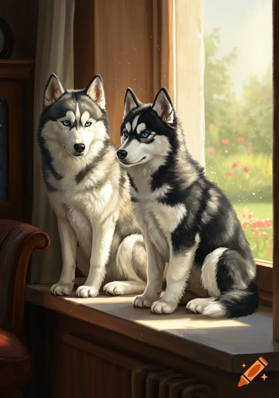 Two huskies with blue eyes sit on a wooden windowsill, one light grey and white, the other black and white. Sunlight streams in from a garden outside.