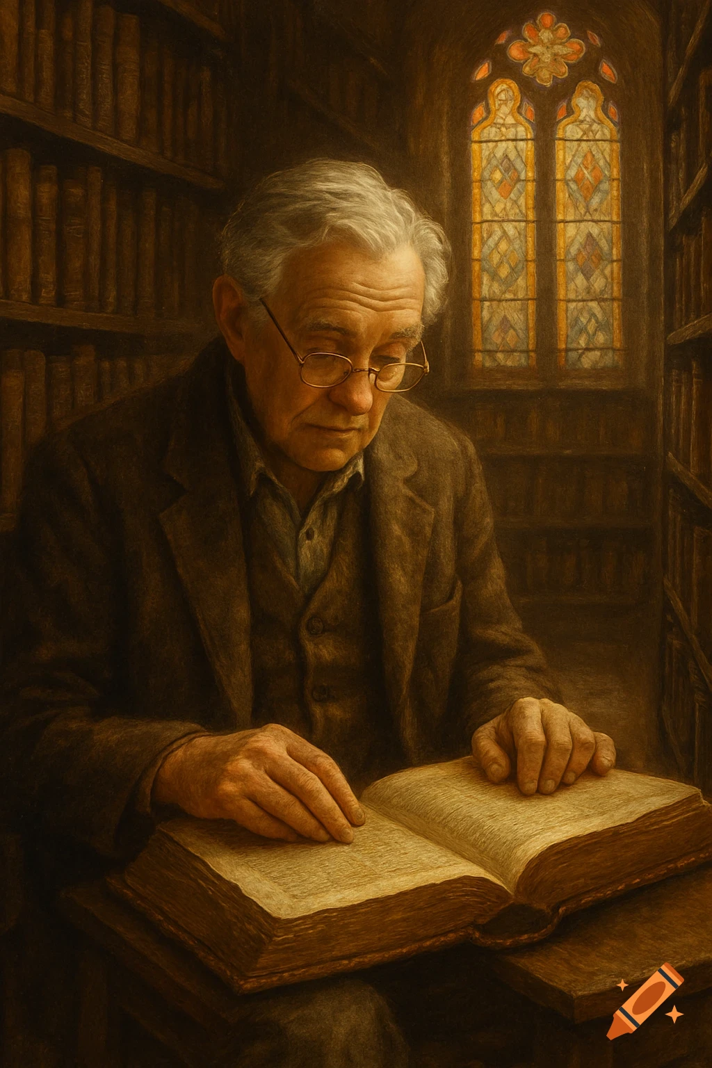 An old man with glasses reads a large book in a dimly lit library, with a stained glass window in the background, in a painterly style.