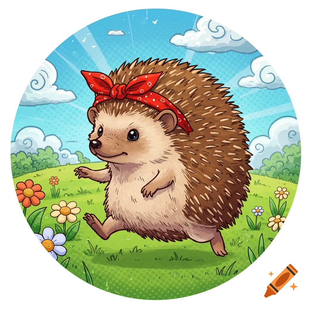 A cute, cartoon hedgehog wearing a red polka-dot bandana runs through a green field with flowers under a blue sky, in a comic style.