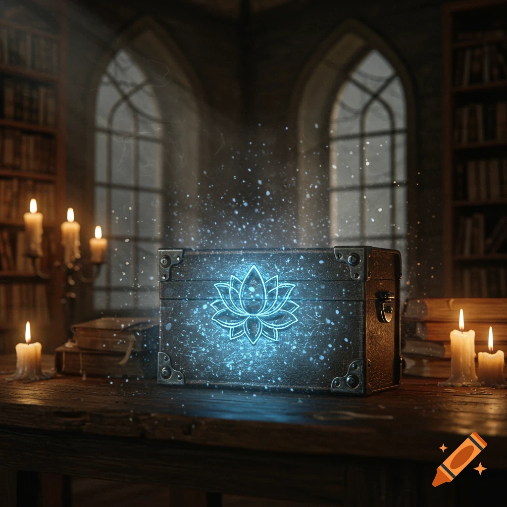 A mystical wooden chest with a glowing blue lotus symbol sits on a desk with candles and books in a dark library.