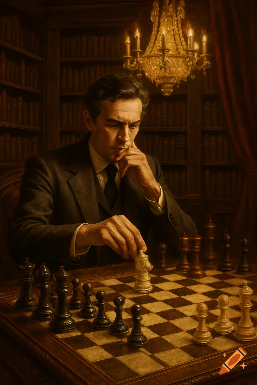 A man in a dark study moves a chess piece, lost in thought under a glittering chandelier in a classical painting style.
