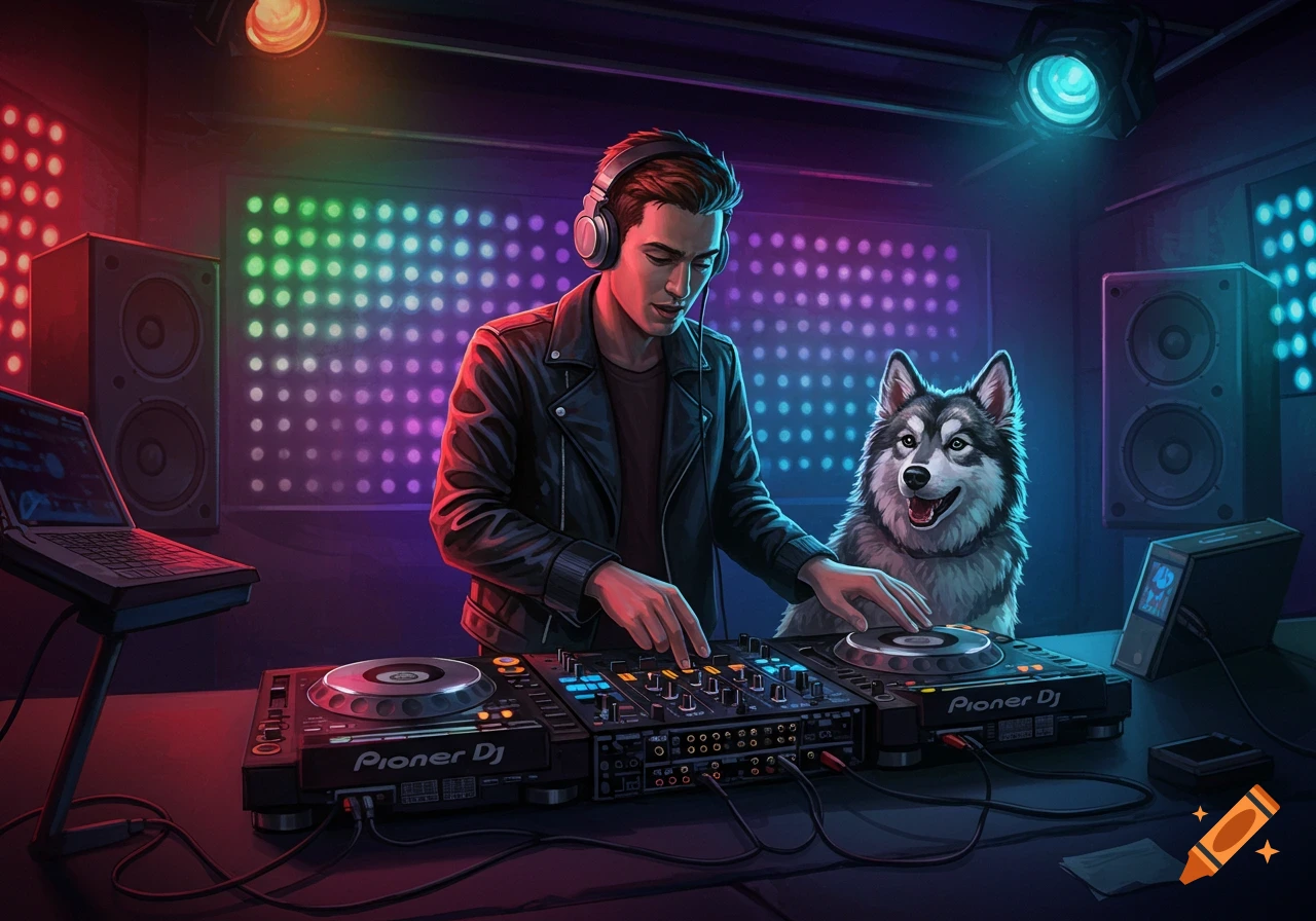 A male DJ with headphones mixes music on a Pioneer DJ controller, with a husky dog beside him, in a vibrant neon-lit club setting. Digital art.