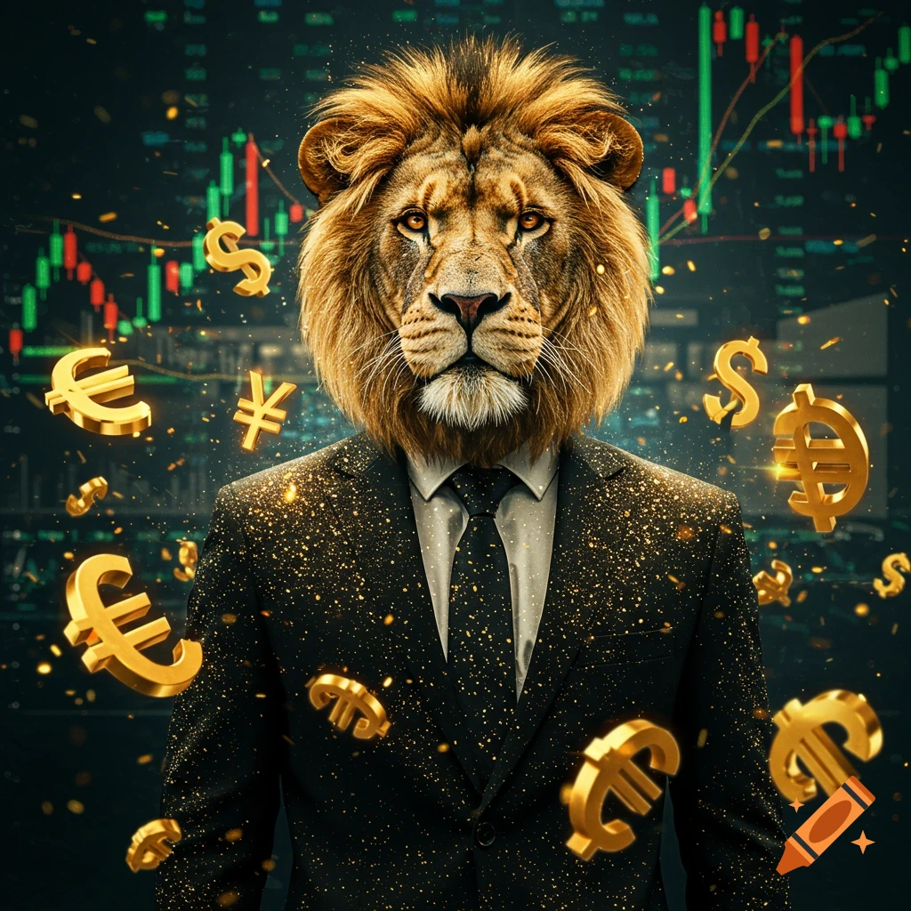 A lion-headed man in a black business suit stands with golden currency symbols floating around him and a stock market chart in the background.