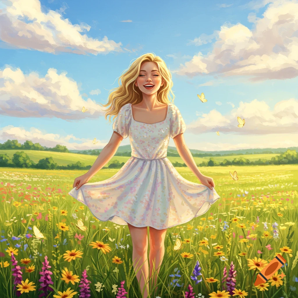 A happy blonde woman in a white sundress stands in a vibrant wildflower meadow under a blue sky, surrounded by butterflies. Illustration.