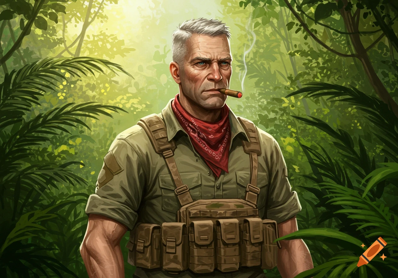 Illustration of a hardened, silver-haired special forces veteran with a cigar, wearing tactical gear and a red bandana in a sunlit jungle.