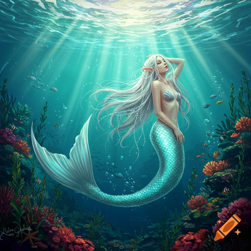 A beautiful mermaid with long white hair, a seashell top, and a shimmering blue-green tail swims in a vibrant, sunlit underwater coral reef.