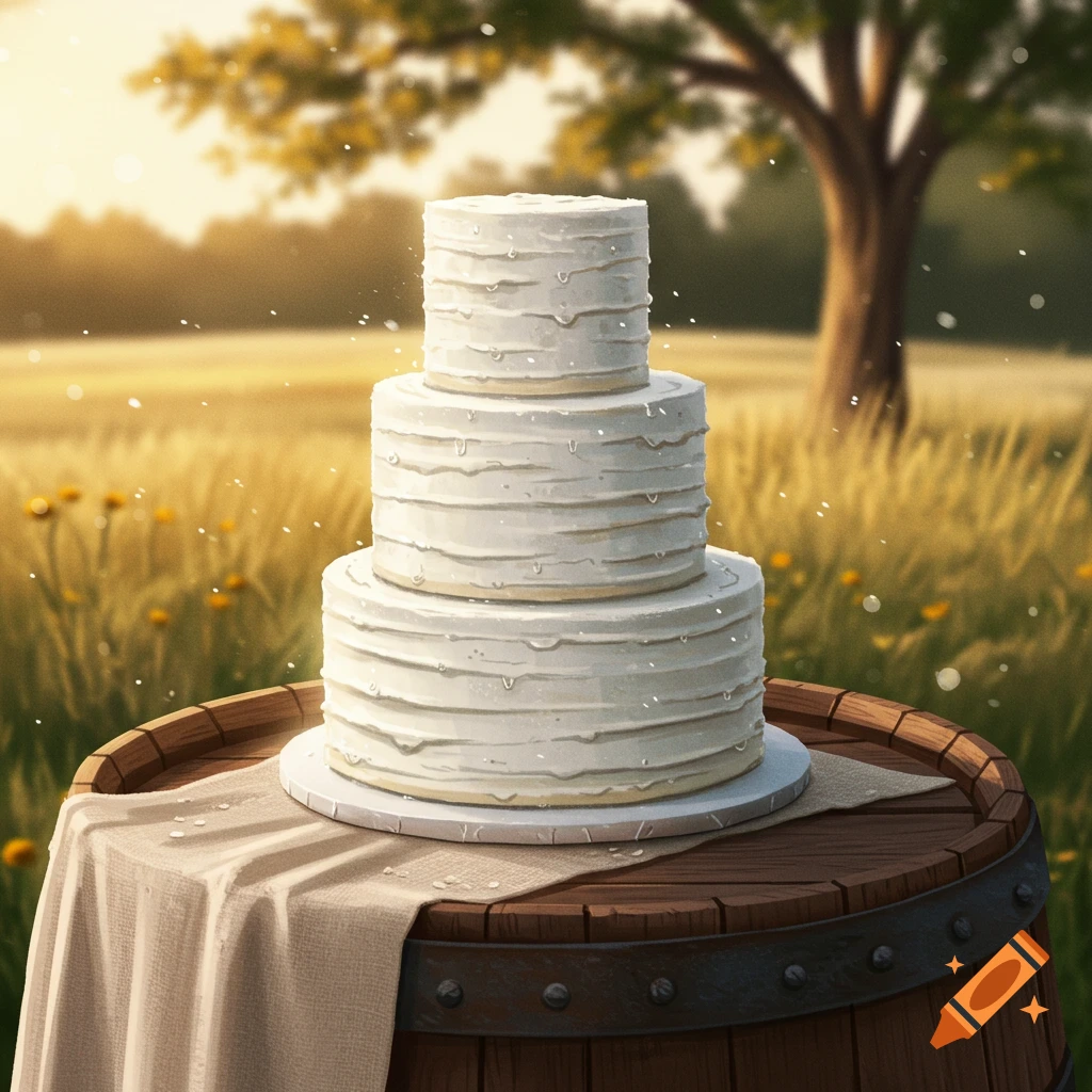 A three-tiered rustic white wedding cake with textured frosting on a wooden barrel in a golden field at sunset.
