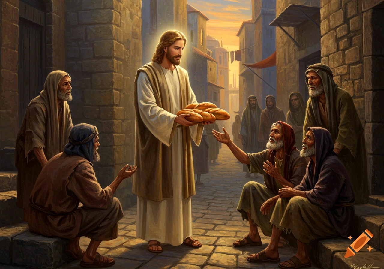 Jesus, with a luminous halo, distributes loaves of bread to men in an ancient street at sunset, painted style.