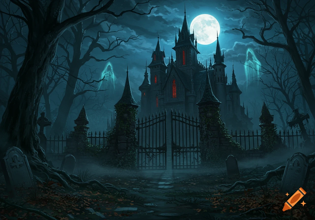 A spooky gothic castle with red windows, a full moon, two ethereal ghosts, and gravestones in a dark, misty forest.