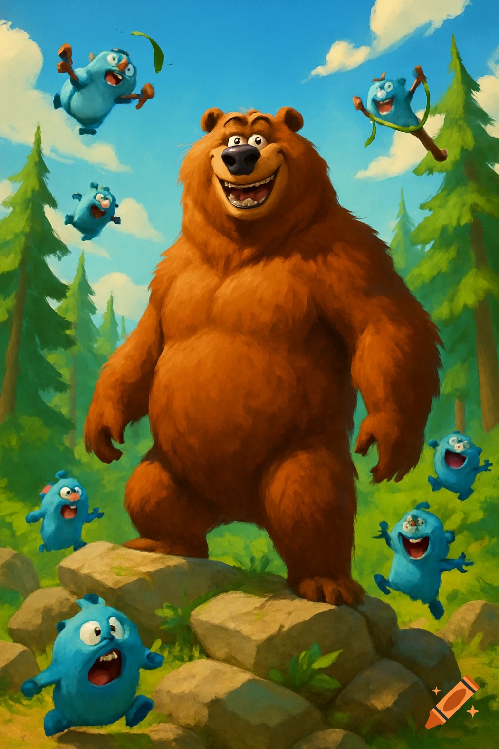 A large, smiling brown cartoon bear stands on rocks in a forest, surrounded by several small, playful blue creatures.