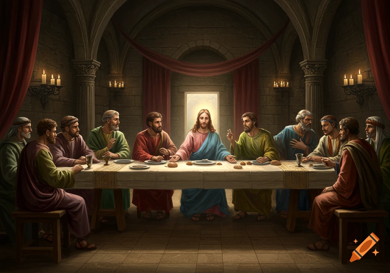 Painting of Jesus and his twelve disciples sitting around a long table for the Last Supper, in a dark, vaulted room.