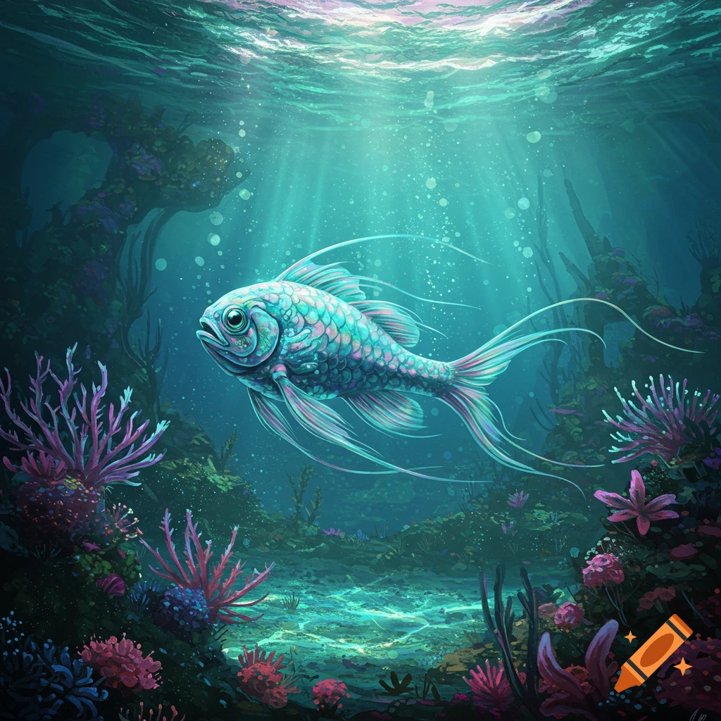 A colorful, stylized alien fish swims in a vibrant, illuminated underwater coral reef.