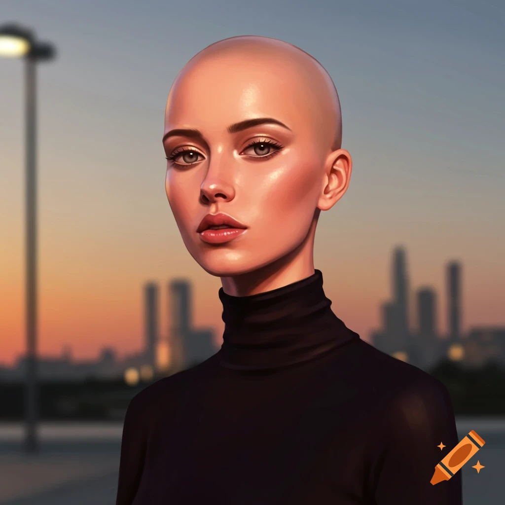 A stylized portrait of a bald woman in a black turtleneck against a city skyline at sunset.