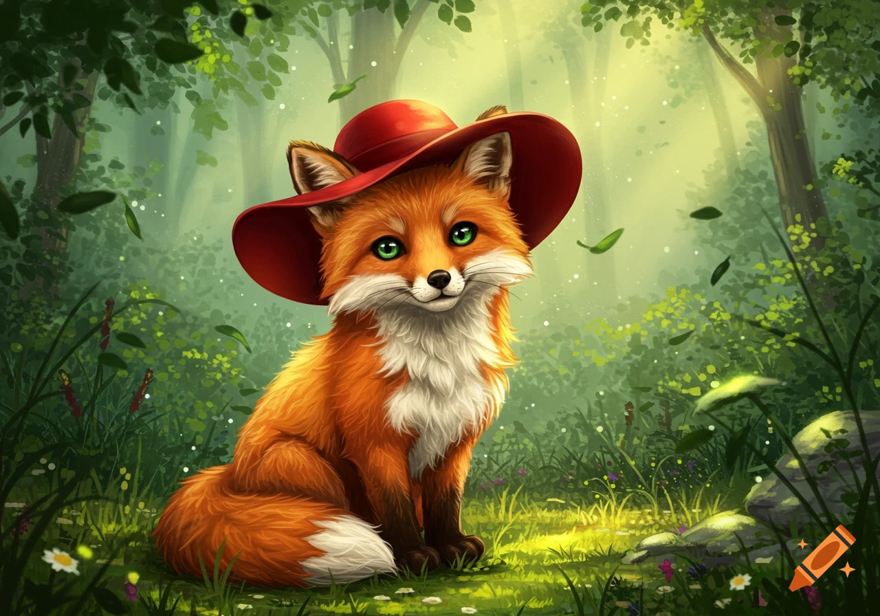 A cute, fluffy orange fox with green eyes sits in an enchanted forest, wearing a red hat. Illustration.