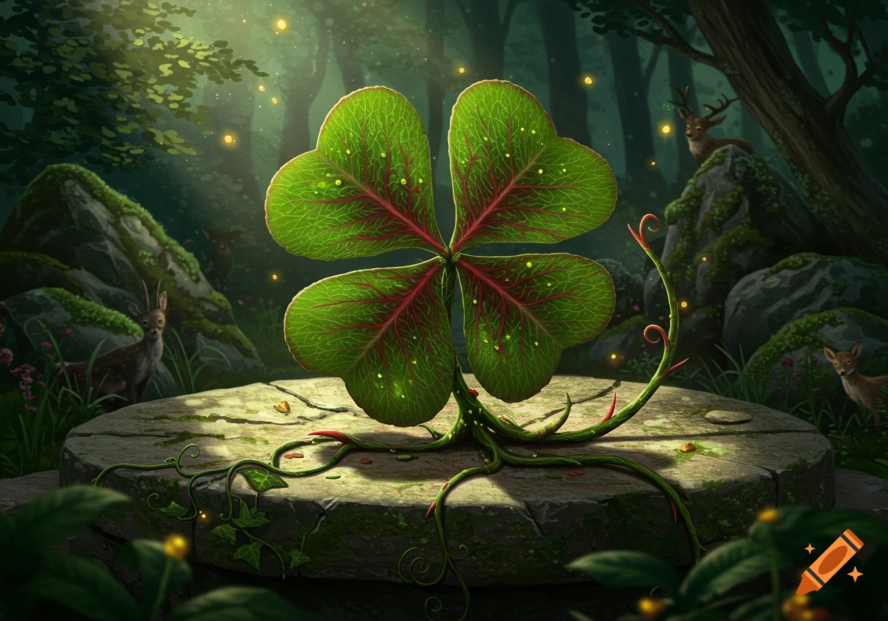 A glowing four-leaf clover with elaborate roots on a mossy stone in an enchanted forest with deer and fireflies.
