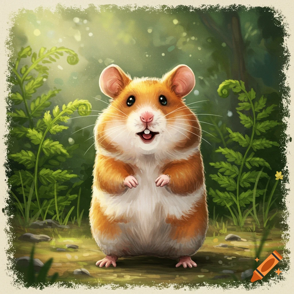 A cute, smiling cartoon hamster stands upright in a green forest with ferns.