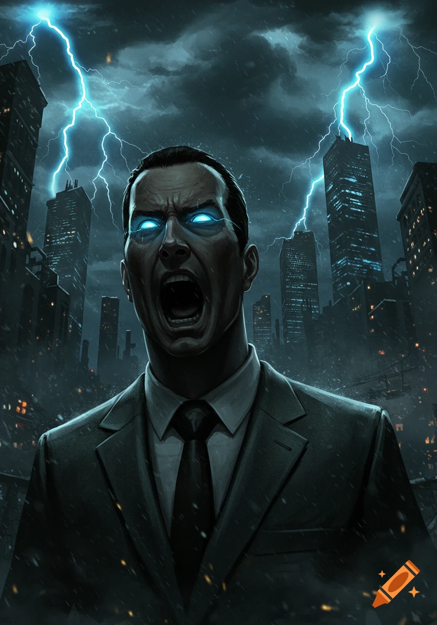 G-Man-like man in a suit screams with glowing blue eyes as lightning strikes a dark, rainy city.