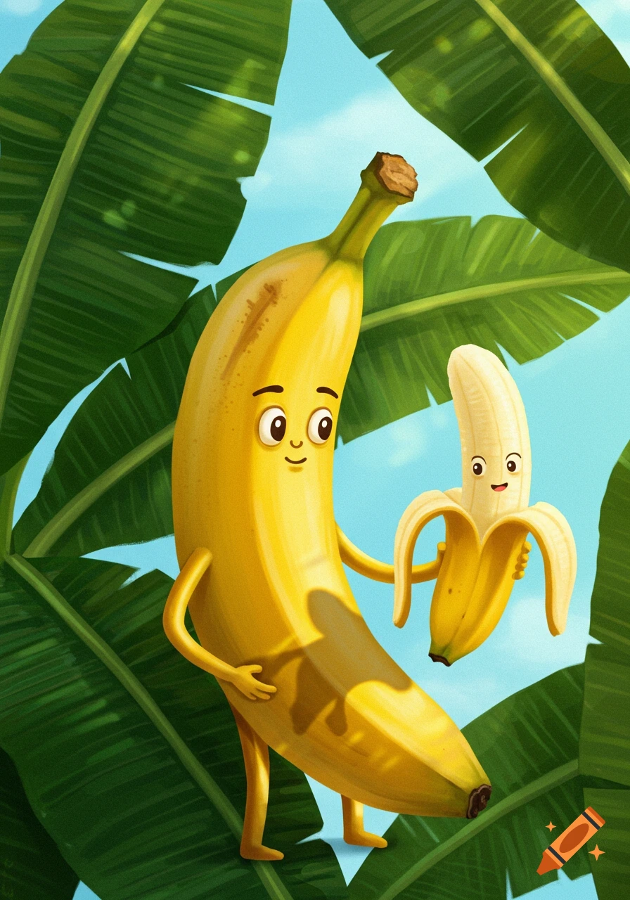 A smiling cartoon banana with arms and legs holds a small peeled banana amidst green leaves.
