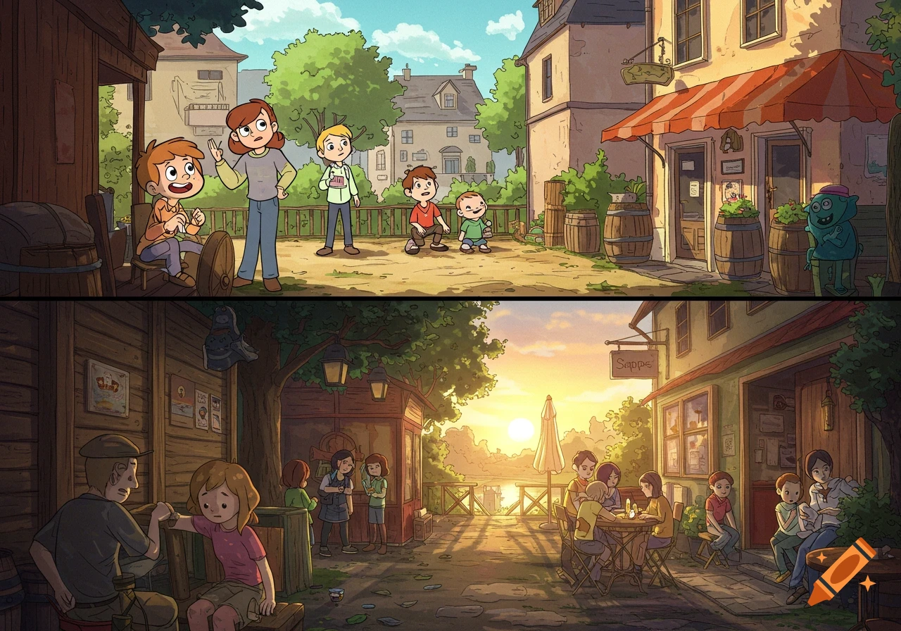 Cartoon diptych: top features children in a village street; bottom depicts people at an outdoor cafe at sunset.