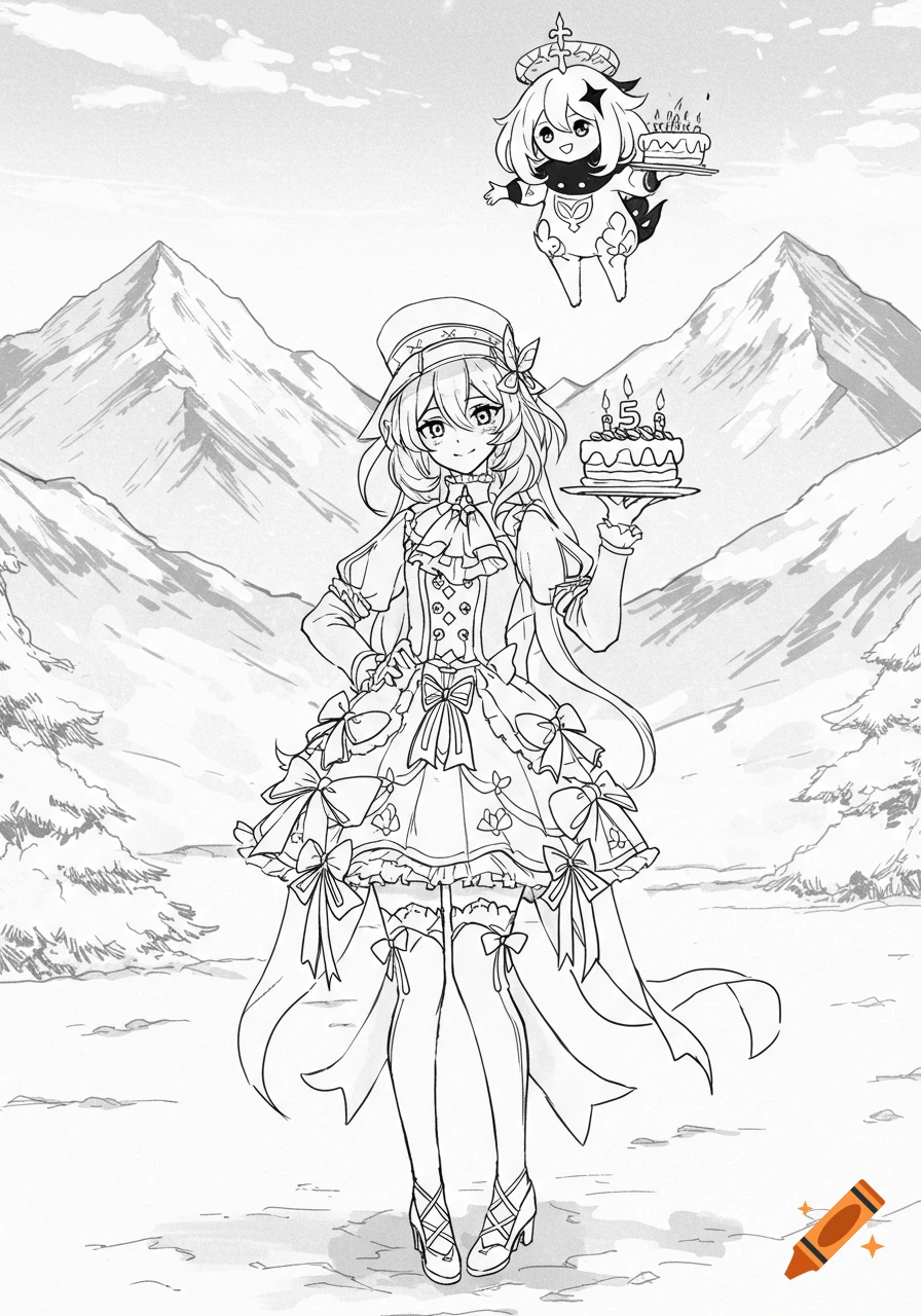 A black and white manga sketch of a girl and a floating mascot holding birthday cakes in a snowy mountain landscape.
