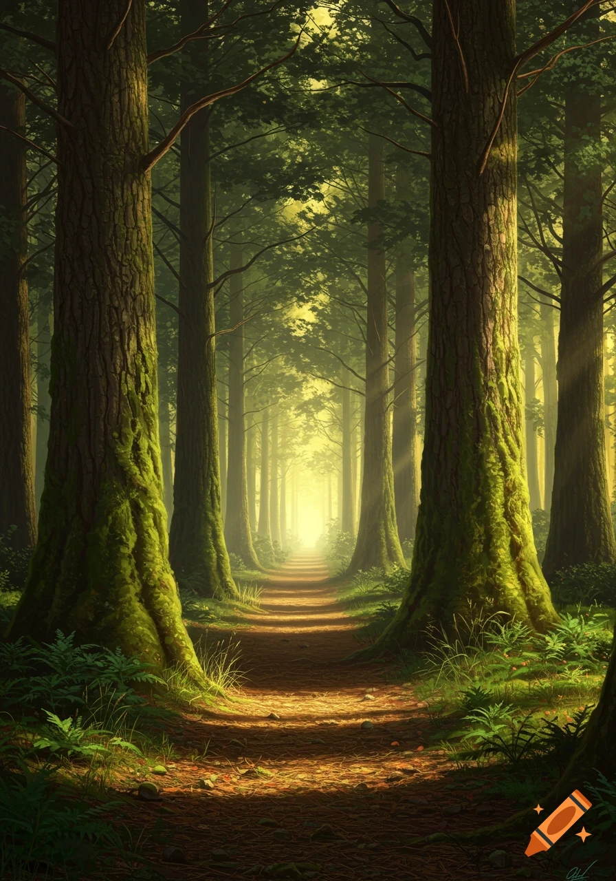 A narrow dirt path leads through a sunlit pine forest with tall, mossy trees, fading into a misty glow.